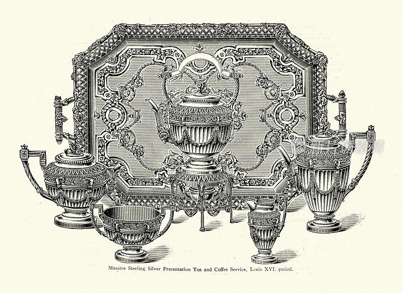 纯银茶和咖啡服务，路易十六风格，维多利亚19世纪