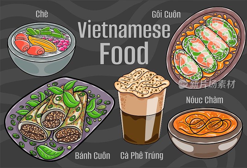 越南菜。一套经典菜肴。卡通手绘插图。