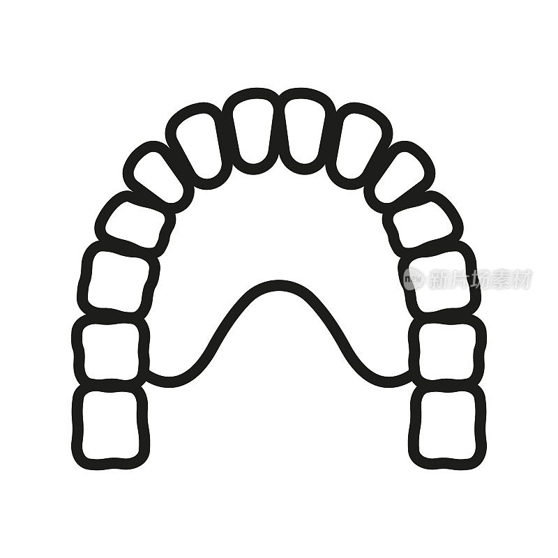 人类颚与牙齿和舌线图标。上颌骨，下颌骨，下颌骨线性象形图。牙科轮廓符号。牙科治疗标志。可编辑的中风。孤立矢量图