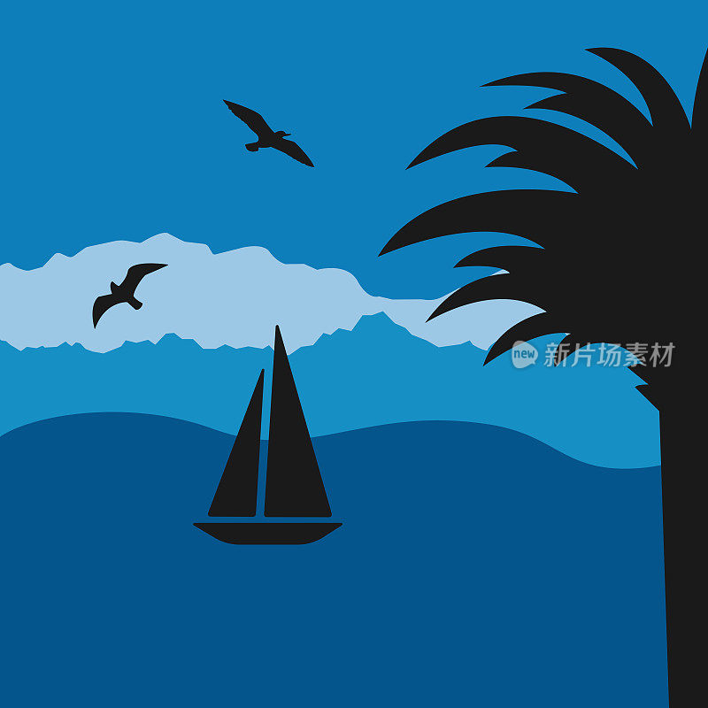 矢量夏季横幅与棕榈树，帆船和海鸥在深蓝色的背景。夏季海报，传单，邀请，标签，卡片与题词旅行的时间