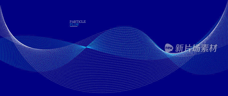 运动中的蓝点暗向量抽象背景，粒子阵列波浪流，运动中的点曲线线，科技插图。