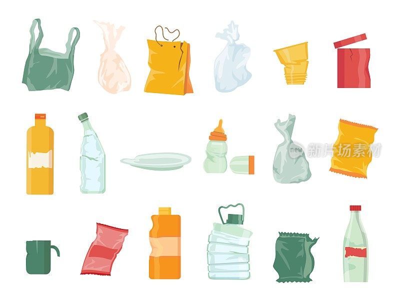 塑料垃圾污染，袋、瓶、一次性餐具及包装。分类垃圾，回收塑料垃圾。卡通垃圾矢量集