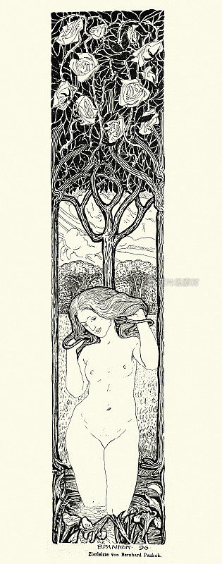 美丽的女人在玫瑰树下沐浴,伯恩哈德・潘考,新艺术青年派,19世纪艺术