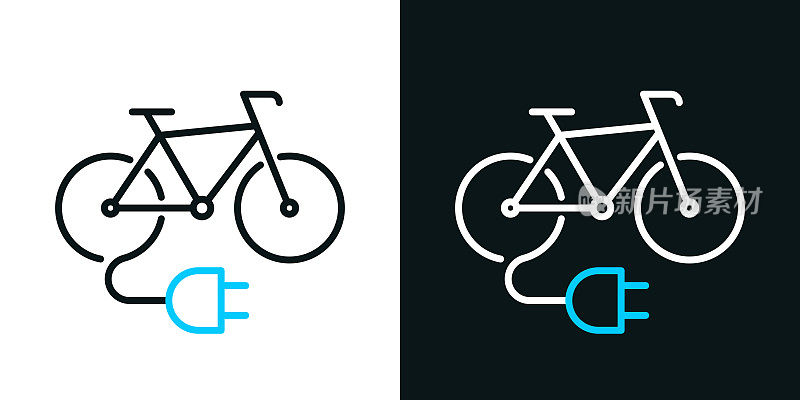 带插头的电动自行车。黑色或白色背景上的双色线图标-可编辑的笔画