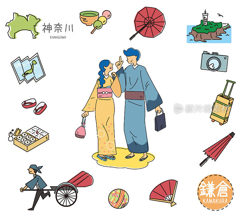 日本神奈川镰仓著名景点的一组和服情侣(线条画)