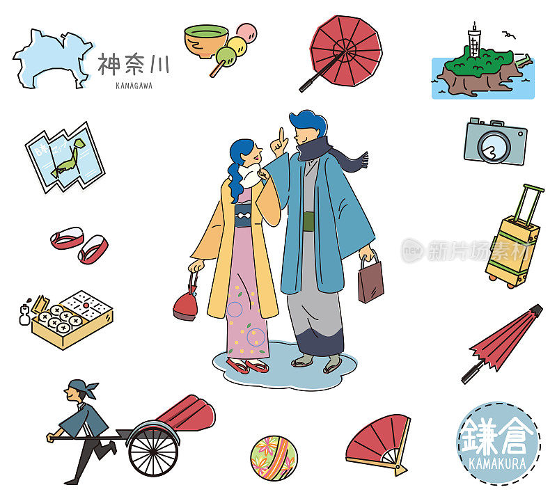 日本神奈川镰仓著名景点的一组和服情侣(线条画)