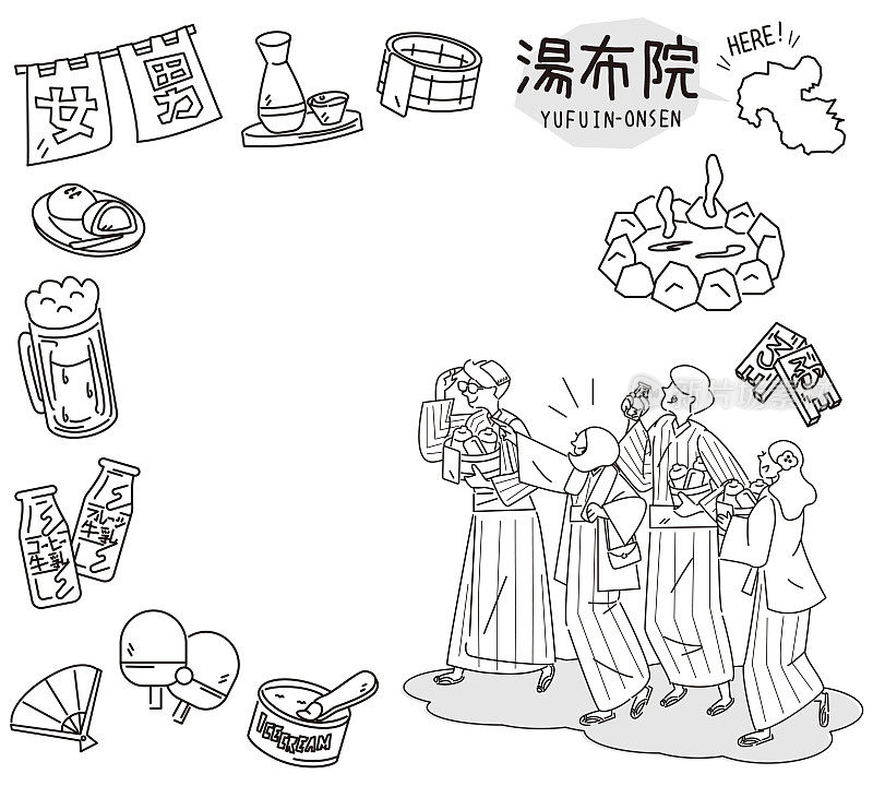 日本大分裕富温泉和一套温泉图标及身穿浴衣的外国游客(线条画黑白)