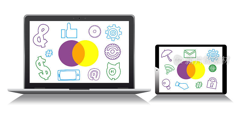 现实风格的无线技术和电子商务概念。平板电脑和笔记本电脑，孤立的白色背景上有社交媒体图标。