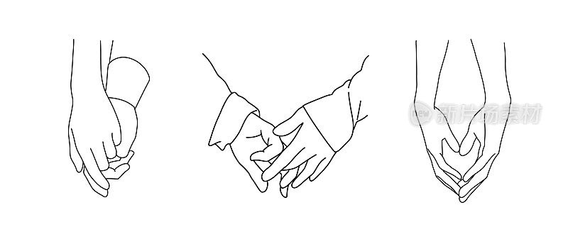 夫妇。一行，黑色，一对相爱的情侣的手。矢量插图。