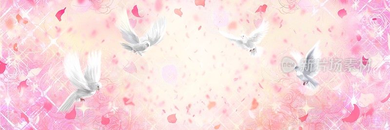 幸运的宽尺寸粉红色背景插图一只白鸽，象征着幸运与和平，从玫瑰园飞离。