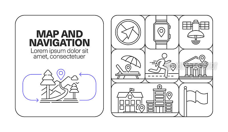 地图和导航横幅线图标集设计