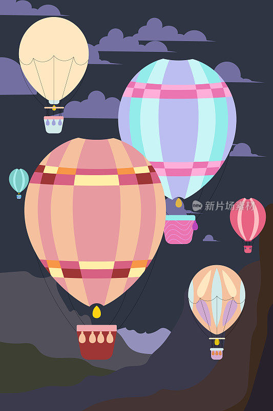 大飞行气球在天空中飞行，夜间飞行，夜间景观，矢量插图，海报，招牌，为设计