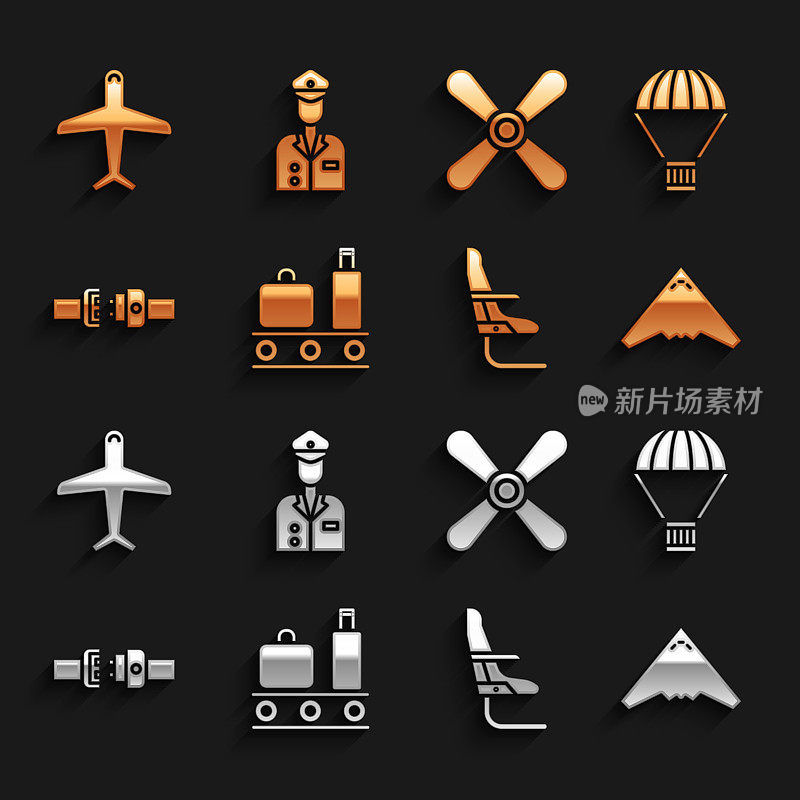 集机场传送带与手提箱，盒子飞行降落伞，喷气式战斗机，飞机座位，安全，飞机螺旋桨，和飞行员图标。向量