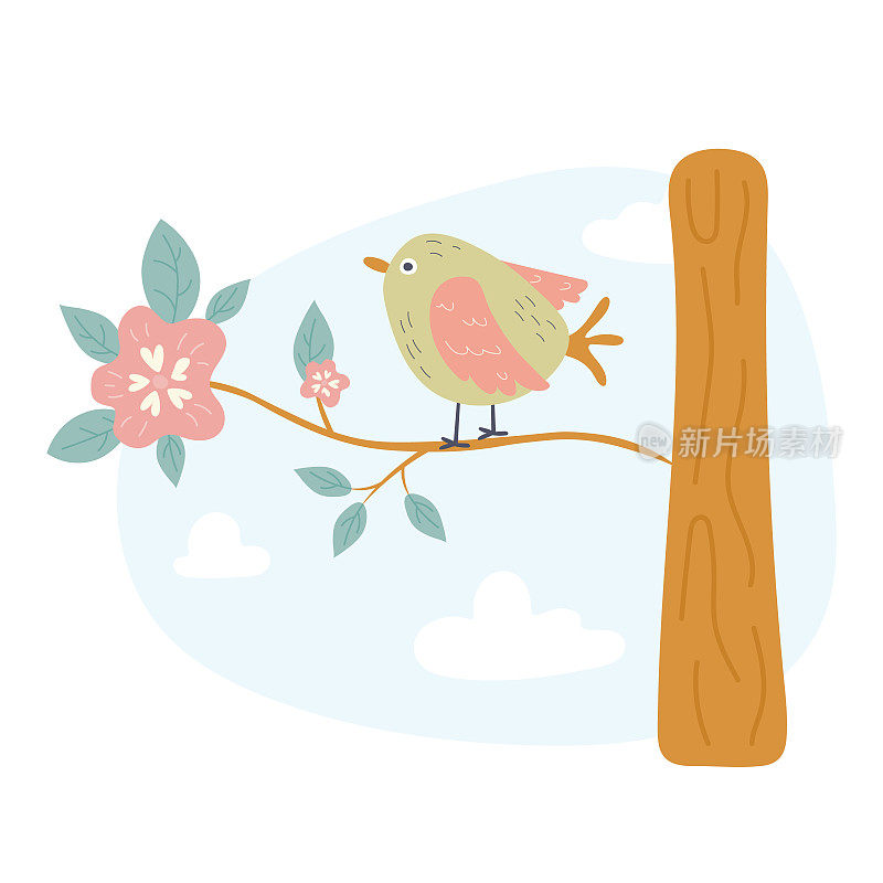 春天的小鸟在树枝上有树叶和花朵。手绘平面插图。t恤、家纺、包装纸、儿童纺织品等设计元素。向量的背景