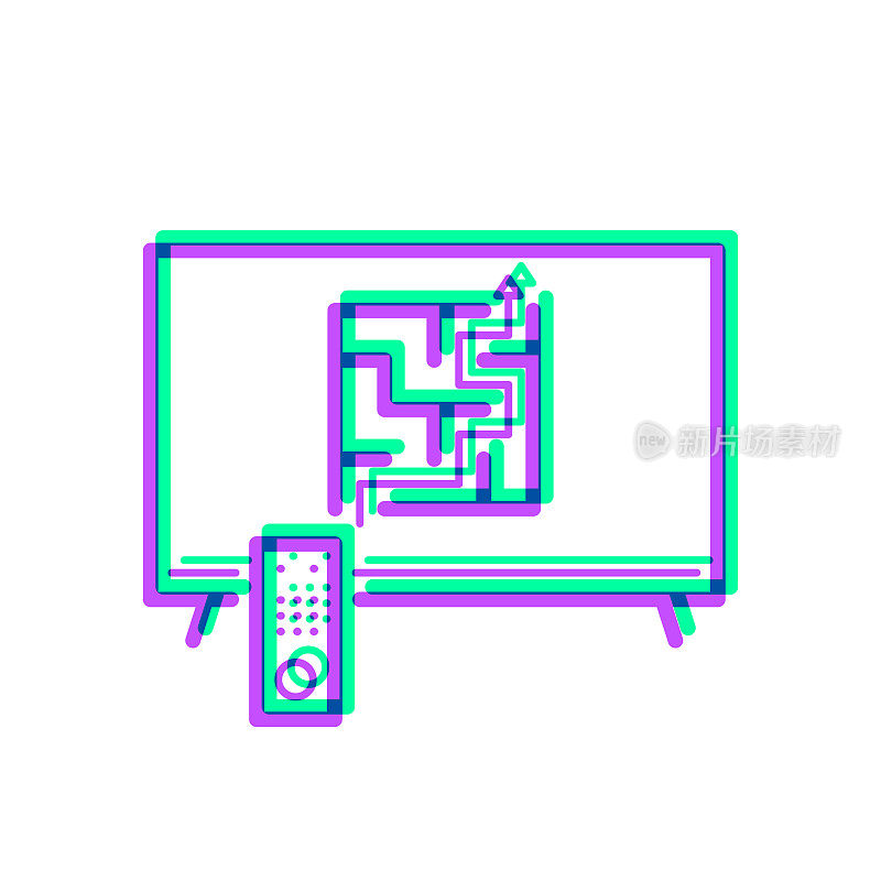 有迷宫的电视。图标与两种颜色叠加在白色背景上