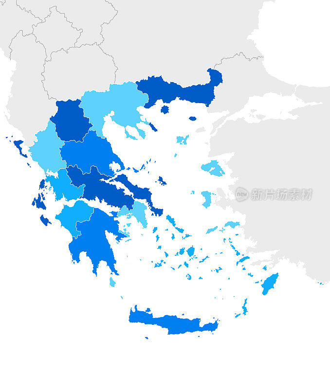 高详细的希腊蓝色地图，阿尔巴尼亚，保加利亚，土耳其，北马其顿，科索沃，黑山地区和国家边界