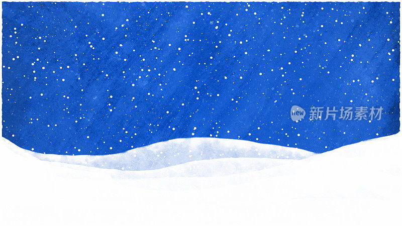 空白的皇家蓝色斑点圣诞背景与褶边或边界的雪山作为底部边界，星星和闪烁在闪闪发光的雪背景