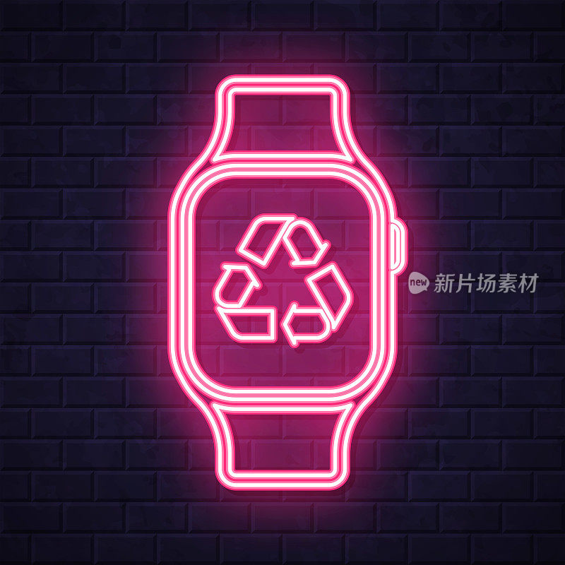 带有回收标志的智能手表。在砖墙背景上发光的霓虹灯图标
