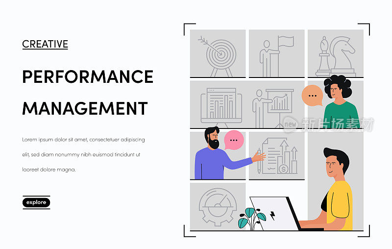 绩效管理相关的矢量横幅设计概念。全局多球体随时可用的模板。网页横幅，网站标题，杂志，移动应用程序等。现代设计。