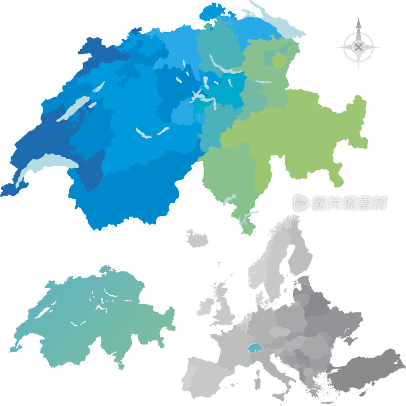 瑞士州欧洲地图