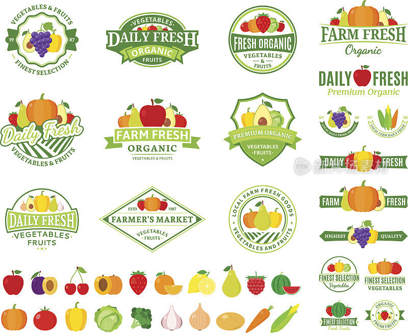 采购产品水果和蔬菜标签，水果和蔬菜图标