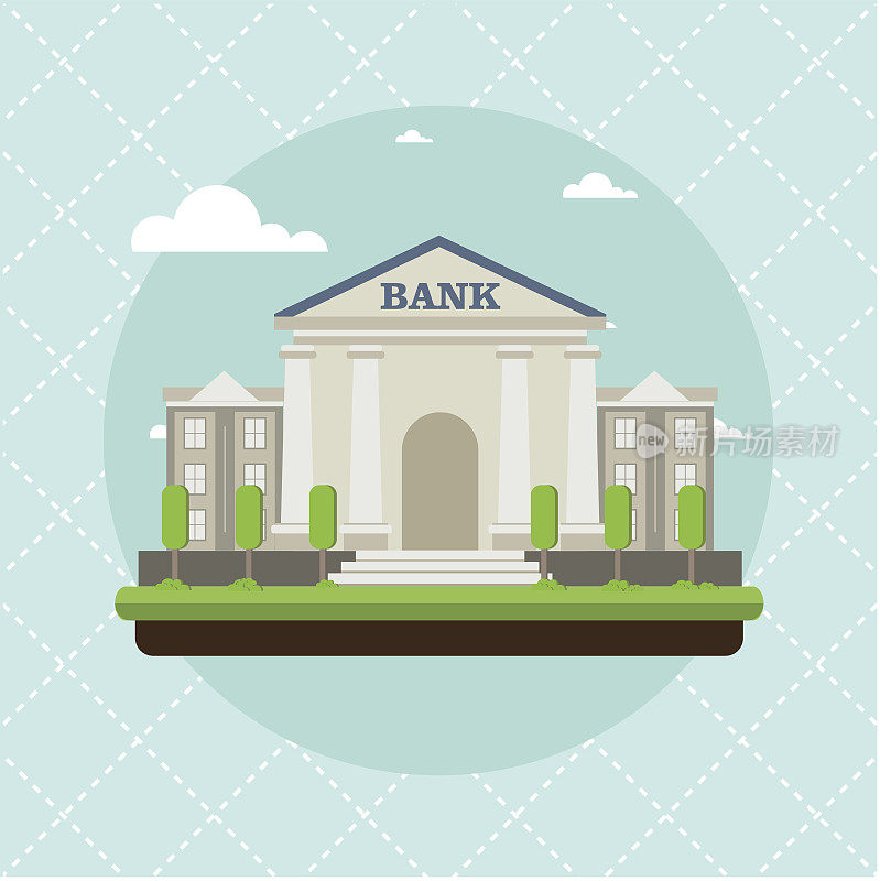 银行大楼在城市平面风格矢量插图