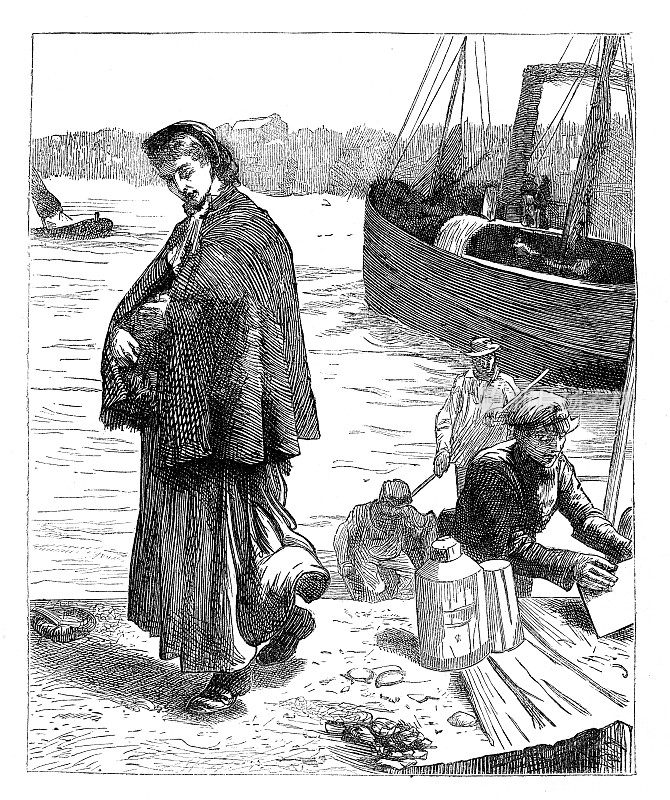 1867年杂志中的一位妇女在码头港口抱着孩子