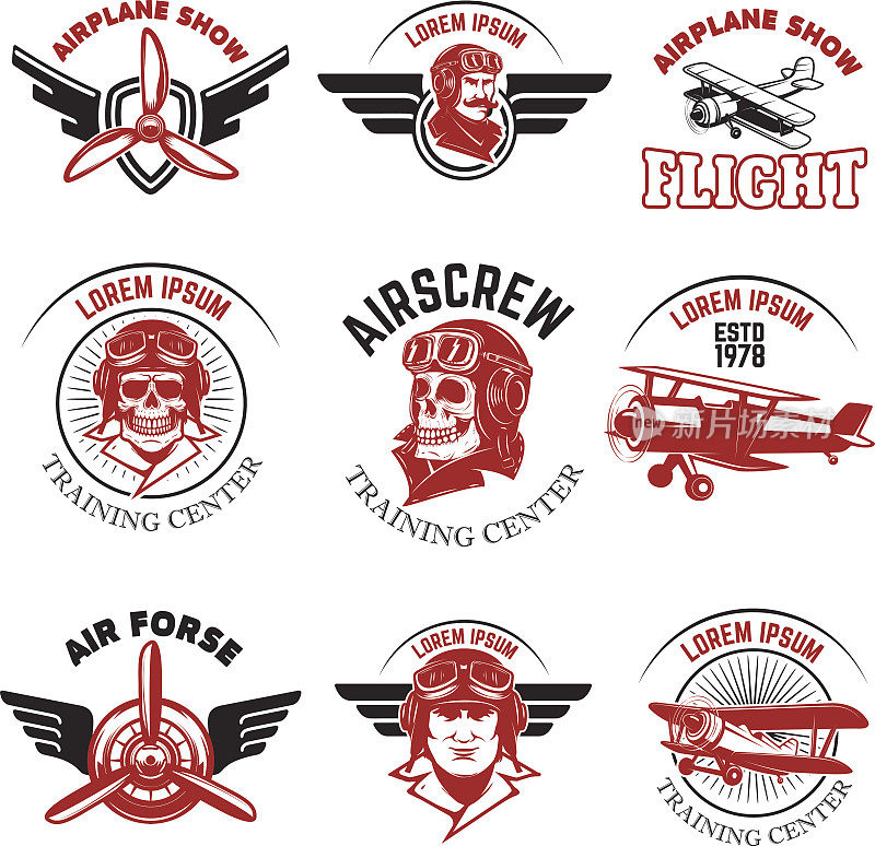 集空军、飞机表演、飞行学院徽章。老式的飞机。徽章、标签的设计元素。矢量插图。