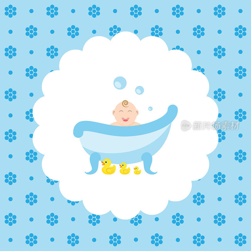 快乐的宝宝和橡皮鸭在洗澡