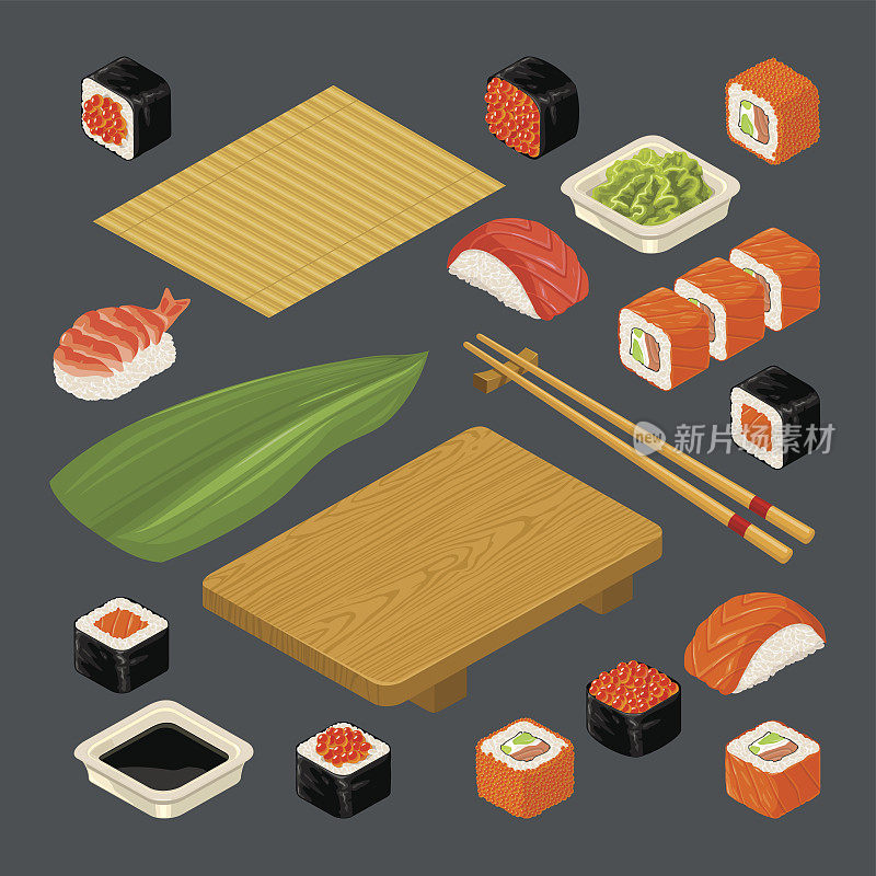 寿司手握寿司和寿司卷。配竹席、筷子、山葵、酱油、木盘