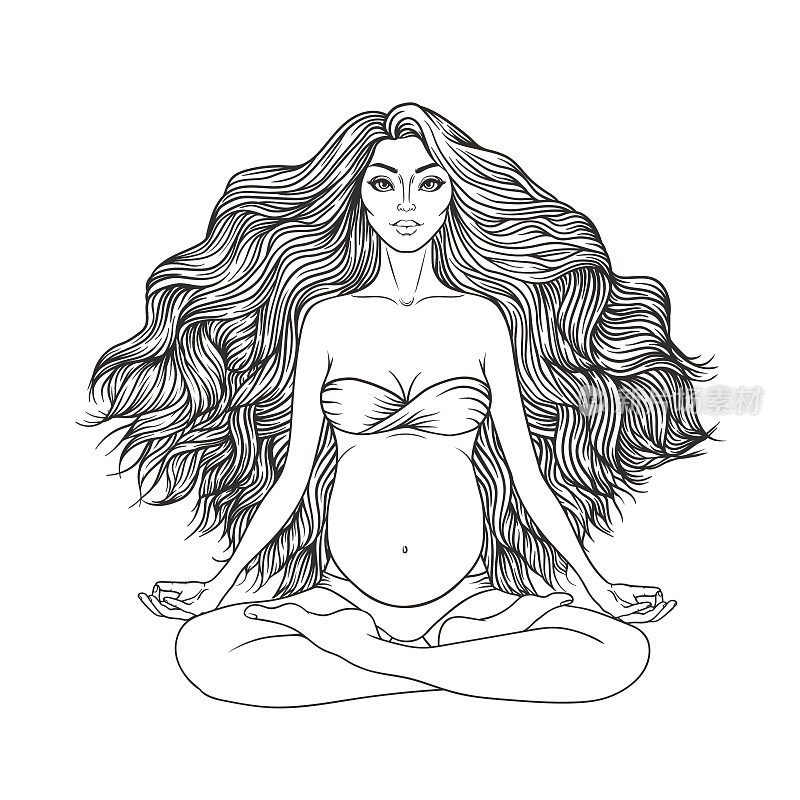手绘矢量插图孕妇坐在莲花姿势瑜伽