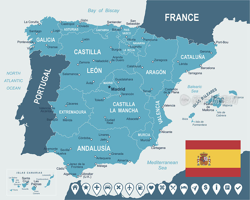 西班牙-地图，旗帜和导航标签-插图