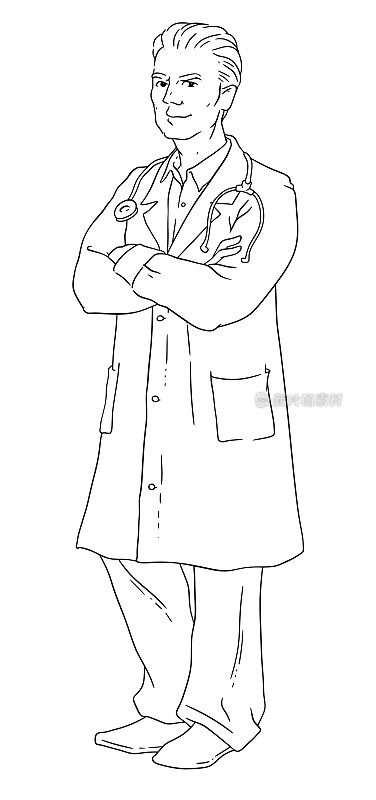 矢量插图的一个男医生在一个医疗长袍与听诊器。医学的衣服。医生双臂交叉。