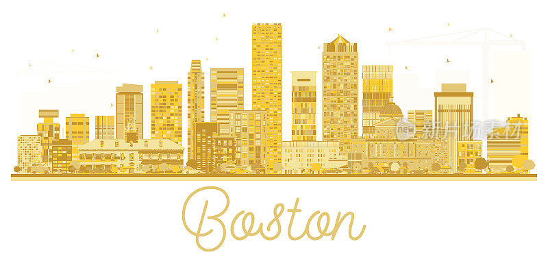 美国波士顿城市天际线金色轮廓。