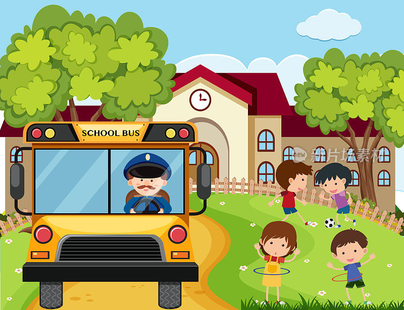 校车司机和孩子们在公园里的校园场景