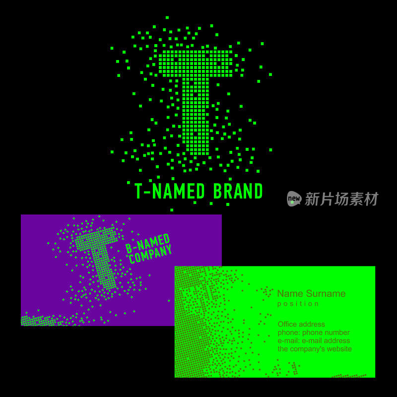 T字母符号。模板T品牌名称-公司。公司标识上为公司的字母T:标志、名片。创意符号的像素，由点、粒子字母T组成