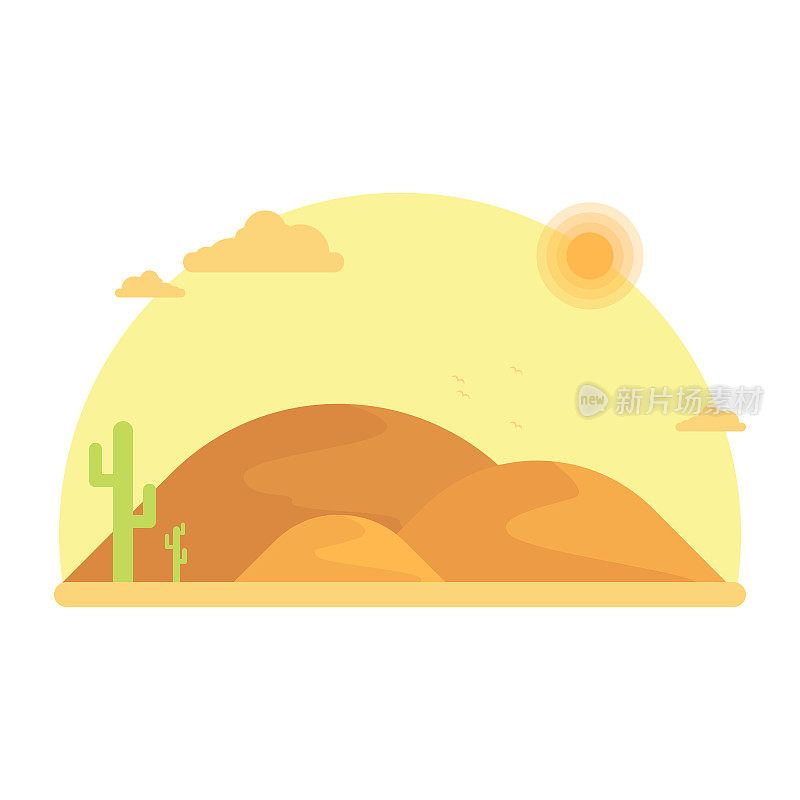 仙人掌生长在沙丘中。烈日下的炎热沙漠。平面设计说明