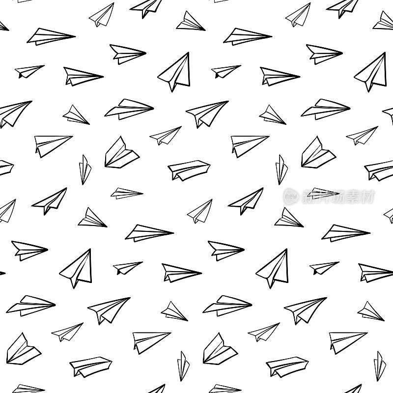 无缝模式与矢量纸飞机。旅行,路线的象征。矢量插图的背景与手绘纸飞机。大纲。手绘涂鸦飞机。黑色线性纸平面图标