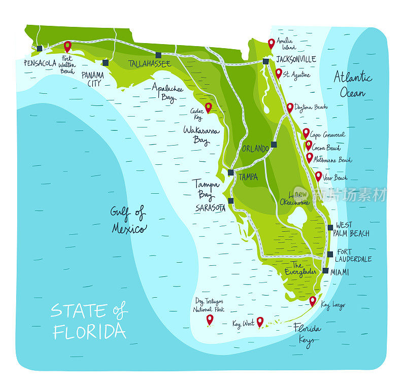 手绘的佛罗里达州地图，主要城市和兴趣点。