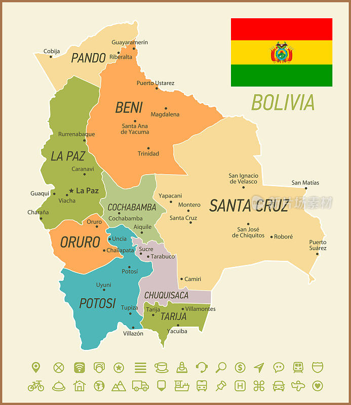 玻利维亚的地图。带有导航图标的复古矢量图