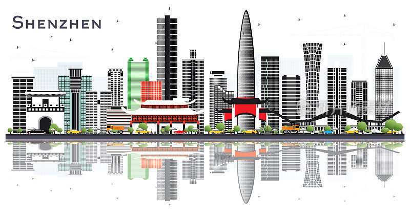 中国深圳城市天际线与彩色建筑和反射孤立在白色。