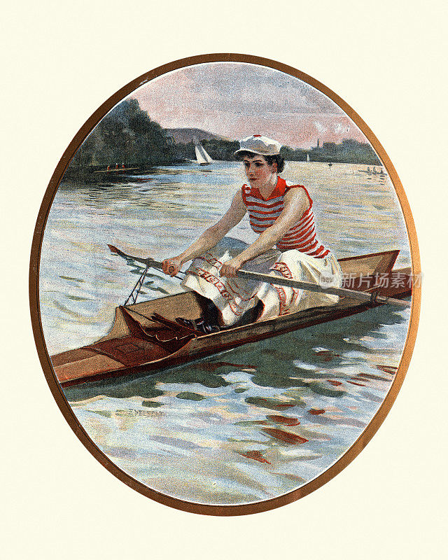 年轻女子在河上划船，斯考林，维多利亚，19世纪