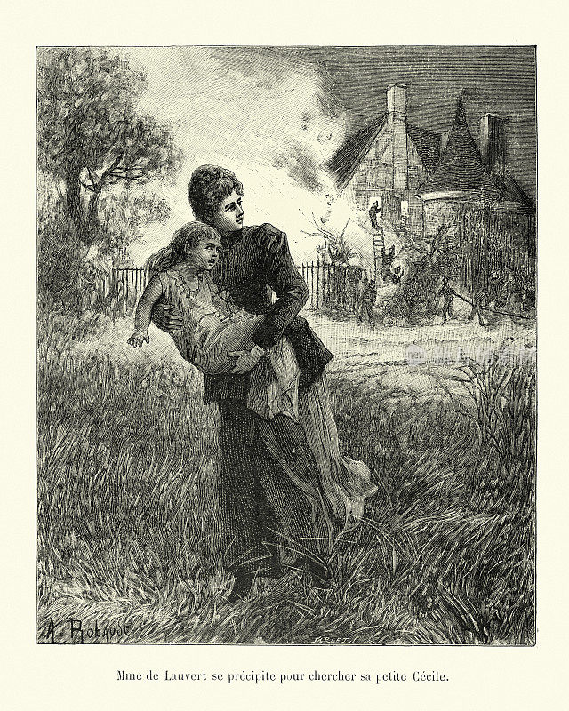母亲从火灾中救出女儿，维多利亚时代，19世纪