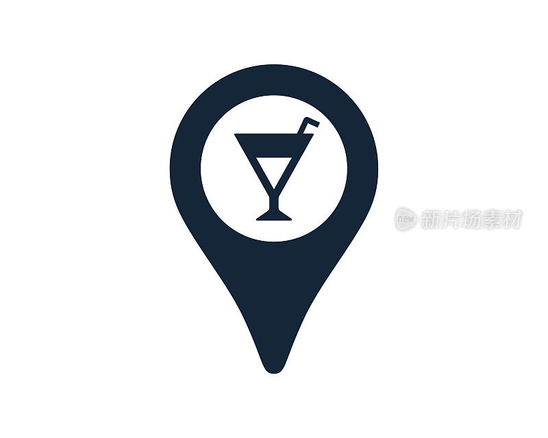 杜松子酒或鸡尾酒杯与导航位置地图大头针图标矢量插图