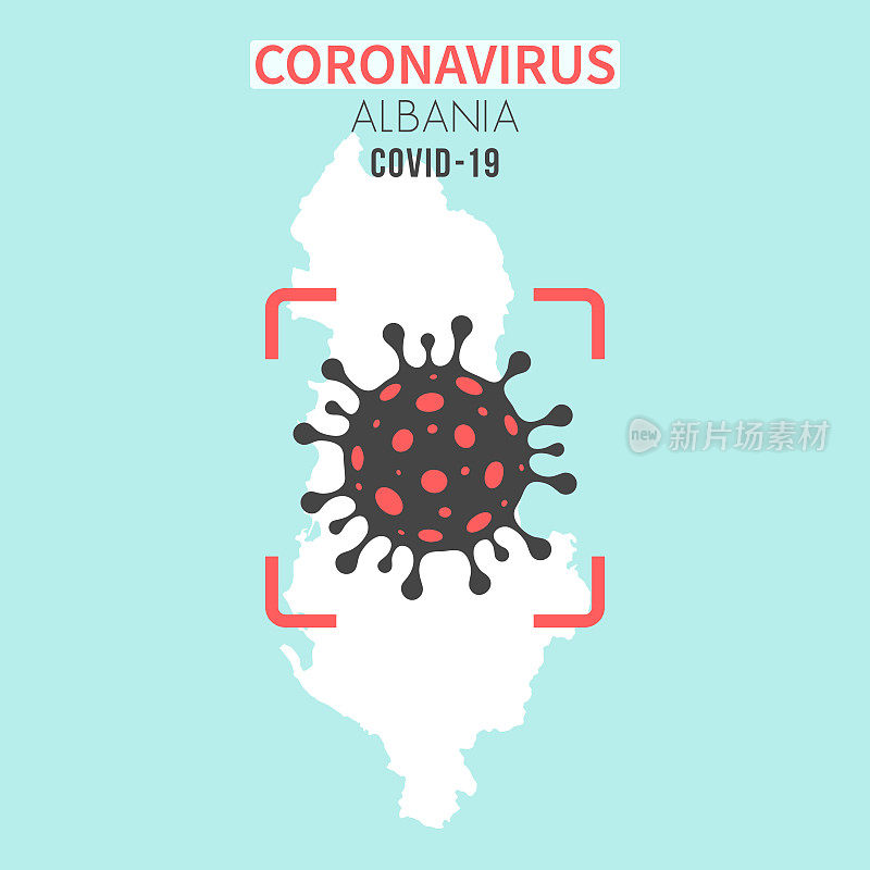 阿尔巴尼亚地图，红色取景器中有冠状病毒细胞(COVID-19)