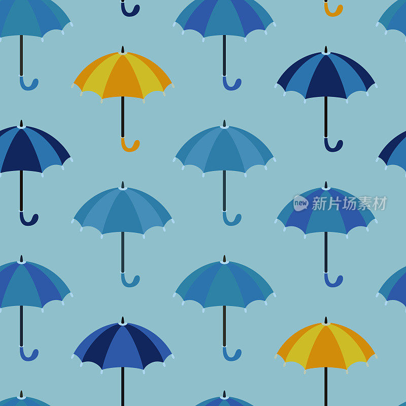 无缝模式与开放伞。成排的蓝色雨伞，有时是黄色的。矢量插图，平面卡通设计。圆柄伞。织物质地，婴儿衣服