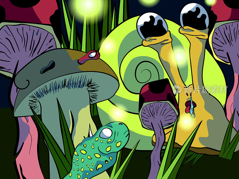 可爱的手绘彩色卡通插图-蜗牛在蘑菇。
