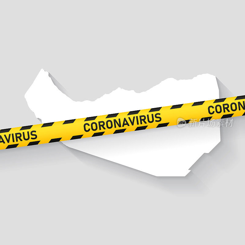 索马里兰地图与冠状病毒警告胶带。Covid-19爆发