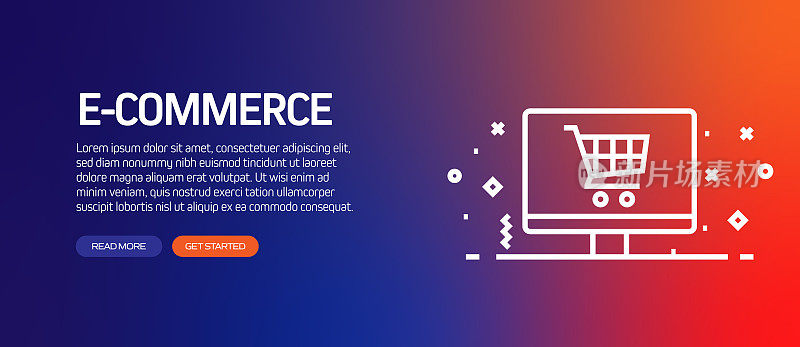 电子商务相关的平面线条横幅设计与图标