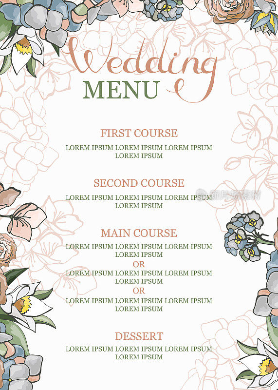 婚礼菜单模板。手绘花卉元素与碑文